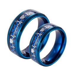 Bishilin Paarringe für Ihn und Sie,Herzschlag Ringe Blau mit Kohlefaser Damen Gr.54 (17.2) + Herren Gr.60 (19.1) Hochzeitsringe Edelstahl Verlobung Ringe Set von Bishilin