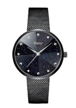Bisley Damen-Armbanduhr mit glänzendem Sternenhimmel-Zifferblatt, Edelstahl-Mesh-Armband, Quarz-Armbanduhr für Damen, Schwarz von Bisley