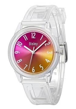 Damen klare Uhr Bunte Regenbogen Zifferblatt Analog Uhren Einfache Wasserdichte Uhr für Mädchen, PMJ39-Pink Orange, Casual von Bisley