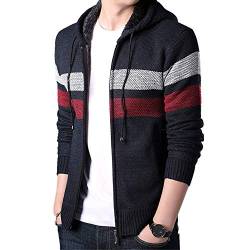 Herren Strickjacke Cardigan Samt Langarm Feinstrick Mit Stehkragen Und Reißverschluss Sweatshirt Jacke Fashion Mit Hut (Schwarz XL) von Biutimarden