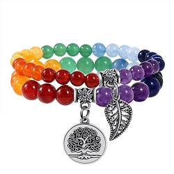 Natürliches 7-Chakra-Halbedelstein-Perlenarmband für Frauen – Baum des Lebens und Blatt-Charm-Chakra-Energie-Angst-Stretch-Armbänder von Bivei