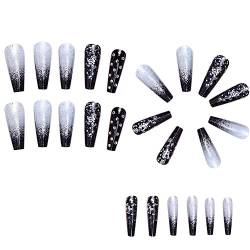 Biwwubik Falsche Fingernägel mit schwarzen Farbverlauf-Diamantapplikationen, lange Nagelspitzen in Sarg-Form, abnehmbare falsche Nägel mit Strasssteinen. von Biwwubik
