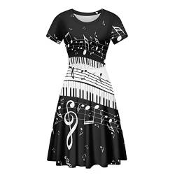 Biyejit 3D-Druck-Kleider für Damen, kurzärmelig, lässig, fließend, Swing-Kleider, Party-Flare-Kleid, Musiknotizen, Medium von Biyejit