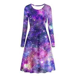 Biyejit Damen 3D Druck Langarm Casual Flared A Line Midi Kleid Plus Size, Galaxy Space, X-Large von Biyejit