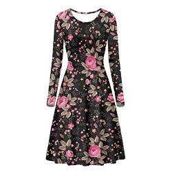 Biyejit Damen 3D Druck Langarm Casual Flared A Line Midi Kleid Plus Size, pink floral, XX-Large von Biyejit