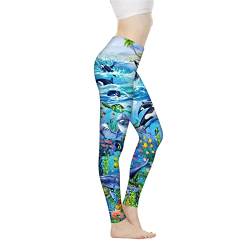 Biyejit Damen-Leggings, Yogahose mit hohem Taillenbund, Workout-Leggings, Ozean Delfine, M von Biyejit