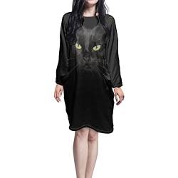Biyejit Damen Polyester Nachthemd Nachtwäsche Langarm Shirt Casual Sleepdress mit Zwei Taschen Größe S-5XL, schwarze katze, 52 von Biyejit