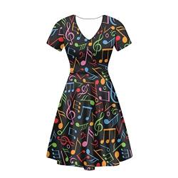 Biyejit Damen Sommer Freizeitkleid V-Ausschnitt A-Linie Arbeit Party Swing Kleid Bequem Strand Sommerkleid S-4XL, Rainbow Music Notes, XX-Large von Biyejit