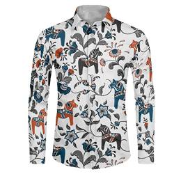 Biyejit Herren-Langarmshirt, normale Passform, leger, Button-Down-Hemd für Männer, Teenager, Größe XS-6XL, Tribal Floral Horse, L von Biyejit