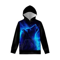 Biyejit Jungen Mädchen Fleece Hoodies Plüsch Pullover Hoodie Casual Kapuzenpullover Sweatshirts mit Tasche für Alter 6-16 Kinder, Galaxy Wolf Blau, 11 - 13 Jahre von Biyejit