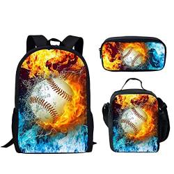 Biyejit Kinder-Rucksack für Teenager, Mädchen, Jungen, Schultasche, Schultertasche, Büchertasche, Lunchbox/Federmäppchen, 3-in-1, Rot Blau Feuer Baseball, Rucksack, Freizeit, Reisen von Biyejit