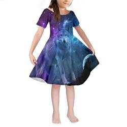 Biyejit Mädchenkleider für Kinder und Kleinkinder, kurzärmelig, Midi-Kleid für 3-14 Jahre, Wolf Galaxy Print, 5-6 Jahre von Biyejit