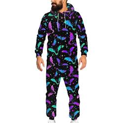 Biyejit Unisex Neuheit 3D gedruckt Einteiler Pyjama Damen Herren Kapuze Jumpsuits Erwachsene Nachtwäsche Strampler, Bunte Fledermäuse, L von Biyejit