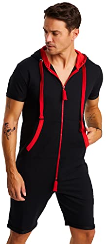 Björn Swensen Jumpsuit Herren kurz Sommer Baumwolle Jogginghose kurze Hose Overall Onesie Männer T-Shirt Kapuze Sommerjumpsuit Schlafanzug Jogginganzug BS-3010 Schwarz-Rot Small von Björn Swensen