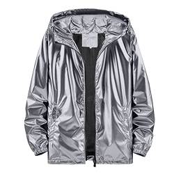 Bkazwe Metallische Jacke Metallisch Glänzend Bomberjacke für Herren Wasserdichte Regenjacke Leicht mit Kapuzen Outdoor Windbreaker Hiphop Langarm Bomberjacke Fliegenjacke Bikerjacke Outwear (Grey, L) von Bkazwe