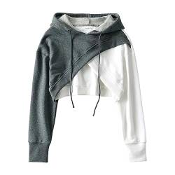 Crop Hoodie Damen Pullover Sehr Kurz Sweatshirt Bauchfrei Kapuzenpullover Langarm Kurz Hoodie Pulli Rundkragen Cut-Out Shirts mit Kapuzen Vintage Streetwear Y2KClothes Langarm Pullover (0301A-Grey, M) von Bkazwe