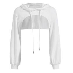 Crop Hoodie Damen Pullover Sehr Kurz Sweatshirt Bauchfrei Kapuzenpullover Langarm Kurz Hoodie Pulli Rundkragen Cut-Out Shirts mit Kapuzen Vintage Streetwear Y2KClothes Langarm Pullover Crop (White, M) von Bkazwe