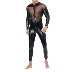 Männer Sexy Wet-Look Catsuit Gothic Ganzanzug Herren Bodysuit Kostüm Männer Sexy Enge Mesh Patchwork Overall Herren Langärmelige Schlafanzüge Nachtwäsche Einteiliger Pyjama Sexy Einteilige (Black, L) von Bkazwe