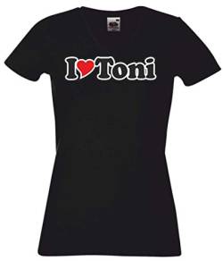T-Shirt - Damen - schwarz - L - V-Ausschnitt - Ich Liebe mit Herz - Fasching - Party - Funshirt - I Love Toni - Bedruckt - lustig witzige Sprüche - Name - Fasching Party Fun Geschenk von Black Dragon