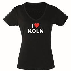 T-Shirt - Damen - schwarz - L - V-Ausschnitt mit - Stadt - i Love Köln - Bedruckt - lustig witzige Motive - Name Herz - Fasching Party Fun Sport von Black Dragon