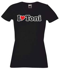 T-Shirt - Damen - schwarz - S - V-Ausschnitt - Ich Liebe mit Herz - Fasching - Party - Funshirt - I Love Toni - Bedruckt - lustig witzige Sprüche - Name - Fasching Party Fun Geschenk von Black Dragon