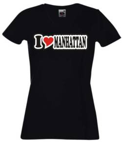 T-Shirt - Damen - schwarz - XL - I Love Heart - V-Ausschnitt I Love Manhattan - Bedruckt - lustig witzige Sprüche - Name - Fasching Party Fun Sport von Black Dragon