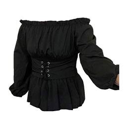 Black Sugar Frauen Retro Schnürung Vintage Bluse Tops Bluse Top Renaissance Gothic Steampunk Viktorianisch Langarm Schulter Denudee Korsett Mittelalter Größe, Schwarz , XXL von Black Sugar