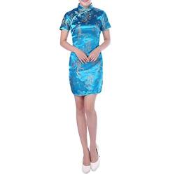 Black Sugar Qipao Kleid kurz mit kleinen Ärmeln und Drachenmotiv, Cheongsam-Kleid, blau, XXXL von Black Sugar