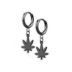 BlackAmazement 2er Set 316L Edelstahl Creolen Hinged Huggie 2,5mm Breite Dangle Kette Hanfblatt Weed Pot Leaf Ohrring Piercing schwarz silber rose gold Punk Herren Damen (Schwarz) von BlackAmazement