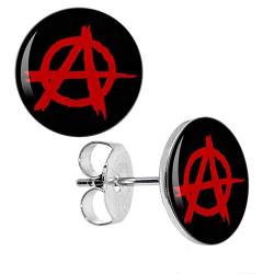 BlackAmazement 2er Set 316L Edelstahl Ohrstecker Ohrringe Anarcho Zeichen Symbol Kreis-A Anarchie ist Ordnung schwarz rot 8mm 10mm Punk Herren Damen (10mm - 2er Set) von BlackAmazement