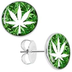 BlackAmazement 2er Set 316L Edelstahl Ohrstecker Ohrringe Hanfblatt Pot Leaf Weed Earrings grün weiß Punk Herren Damen (10mm) von BlackAmazement