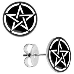 BlackAmazement 2er Set 316L Edelstahl Ohrstecker Ohrringe Pentagramm Stern Fünfstern Drudenfuß Pentakel schwarz weiß Gothic Biker Herren Damen (8mm) von BlackAmazement