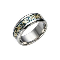 BlackAmazement 316 Edelstahl Ring Drache Lucky Dragon 8mm gold blau schwarz silber Damen Herren (Silber/Gold, 63 (20,1)) von BlackAmazement