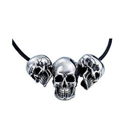 BlackAmazement 316L Edelstahl Anhänger Halskette Kette Totenkopf Skull Schädel Silber schwarz Biker Herren (3 Totenköpfe mit Kette) von BlackAmazement