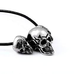 BlackAmazement 316L Edelstahl Anhänger Halskette Totenkopf Schädel Skull Silber schwarz Biker Herren (Anhänger mit Lederkette) von BlackAmazement