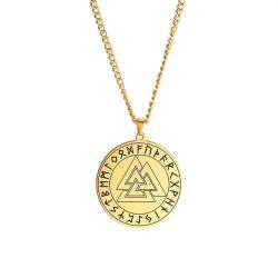 BlackAmazement 316L Edelstahl Anhänger Leder Kette Halskette Runen Kreis Valknut Wotansknoten Symbol Germanen Wikinger Biker Silber Gold Schwarz Herren (Gold) von BlackAmazement