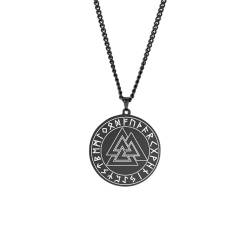 BlackAmazement 316L Edelstahl Anhänger Leder Kette Halskette Runen Kreis Valknut Wotansknoten Symbol Germanen Wikinger Biker Silber Gold Schwarz Herren (Schwarz) von BlackAmazement