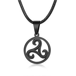 BlackAmazement 316L Edelstahl Anhänger Leder Kette Halskette Triskele Triskel Symbol schwarz Silber Damen Herren (Schwarz) von BlackAmazement