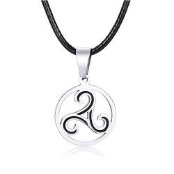 BlackAmazement 316L Edelstahl Anhänger Leder Kette Halskette Triskele Triskel Symbol schwarz Silber Damen Herren (Silber) von BlackAmazement