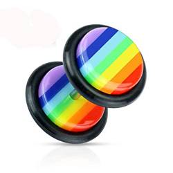 BlackAmazement 316L Edelstahl Fake Plug Piercing Ohrstecker Regenbogen Streifen Pride Rainbow Stripes Mehrfarbig Herren Damen von BlackAmazement