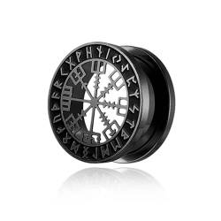 BlackAmazement 316L Edelstahl Flesh Ohr Tunnel Plug Piercing Vegvisir Aegishjalmur Aegishjalmr Wikinger Symbol Schreckenshelm Runen Kreis schwarz silber Biker Herren (Farbe Schwarz - Ø 16mm - 1 Stück) von BlackAmazement