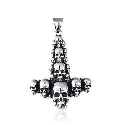 BlackAmazement 316L Edelstahl Halskette Anhänger Massiv Totenkopf umgedrehtes Kreuz Petruskreuz Stacked Skull Cross silber schwarz Biker Black Metal Gothic Herren (Anhänger mit Kette) von BlackAmazement