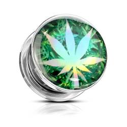 BlackAmazement 316L Edelstahl Plug Flesh Tunnel Inlay Piercing Hanfblatt Hanf Cannabis Pot Leaf Weed Hologramm Holografie grün Silber Damen Herren (Durchmesser 18 mm - 1 Stück) von BlackAmazement