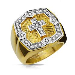 BlackAmazement 316L Edelstahl Ring Massiv Klunker Gold besetzt mit klaren Zirkonia Klerus Kreuz Herren (71 (22.6)) von BlackAmazement