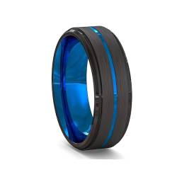 BlackAmazement 316L Edelstahl Ring Nut Vertiefung Streifen 52-71 blau schwarz silber 8mm Herren Damen (Schwarz/Blau, 55 (17,5)) von BlackAmazement
