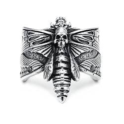 BlackAmazement 316L Edelstahl Ring Totenkopf Schmetterling Totenkopfschwärmer silber schwarz Gothic Biker Herren Damen (68 (21,6)) von BlackAmazement