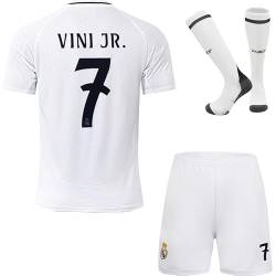 BlackAzat 2023/2024 Madrid Heim #7 Vini Jr. Vinicius Football Fußball Kinder Trikot Shorts Socken Set Jugendgrößen (Weiß/Gold,24) von BlackAzat