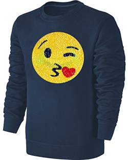 Blackshirt Company Kinder Wende Pailletten Sweatshirt Emoticon Streichel Pullover Blau Größe 140 von Blackshirt Company