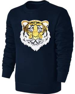 Blackshirt Company Kinder Wendepailletten Sweatshirt Tiger - Streichel Pullover Pulli Hoodie - Deep Navy Blue/Blau Größe 116 von Blackshirt Company