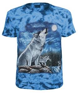 Herren Damen T-Shirt Wolf Heulende Wölfe Batik Shirt Blau Größe M von Blackshirt Company